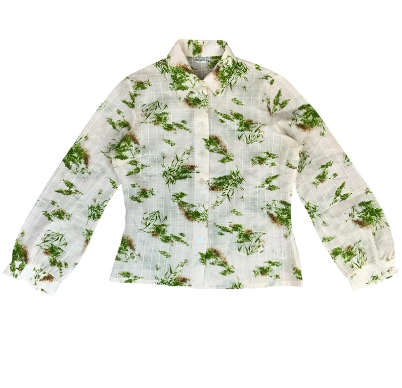 VTG WHITE GREEN BOTANICAL PATTERNED BUTTON-UP COLLARED BLOUSE UK 12 14