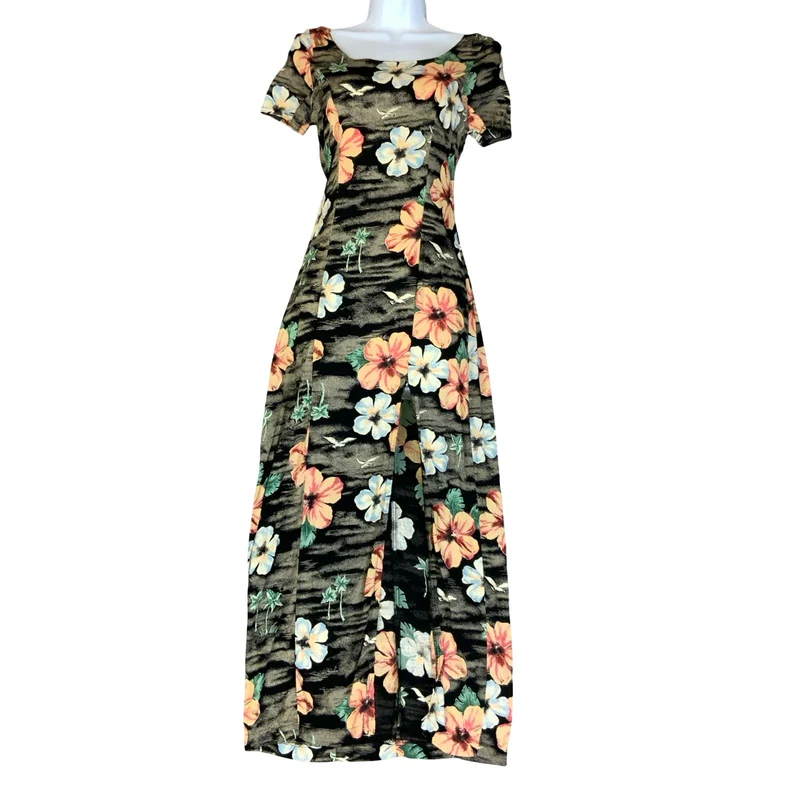 VTG 90s Y2K 'CALAMITY JAYNE' BLACK PINK FLORAL SPLIT SUMMER MAXI DRESS XS 6