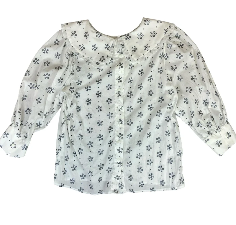VTG WHITE FLORAL FOLK PEASANT COTTAGECORE FRILL COLLAR BLOUSE M 14