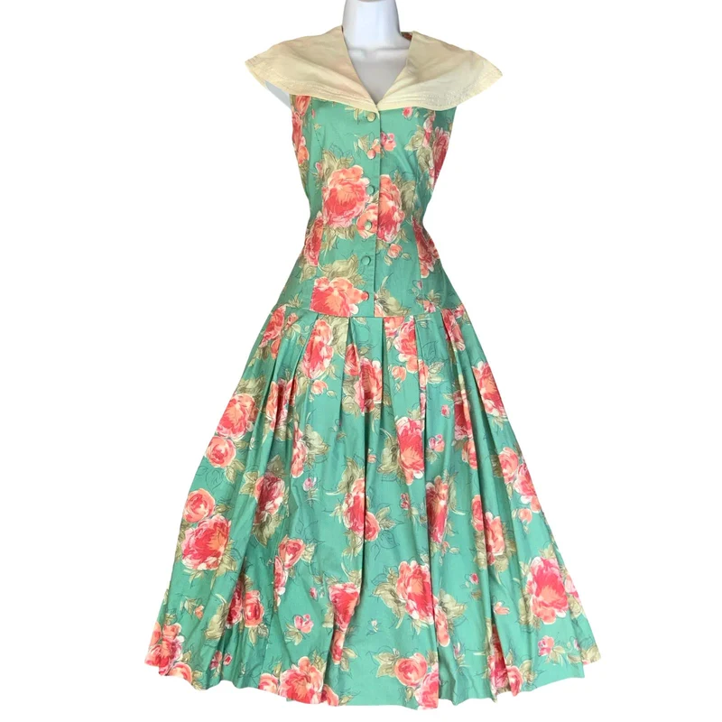 VTG 80s does 50s 'LAURA ASHLEY' BLUE RED FLORAL DROP-WAIST A-LINE MIDI DRESS S 8