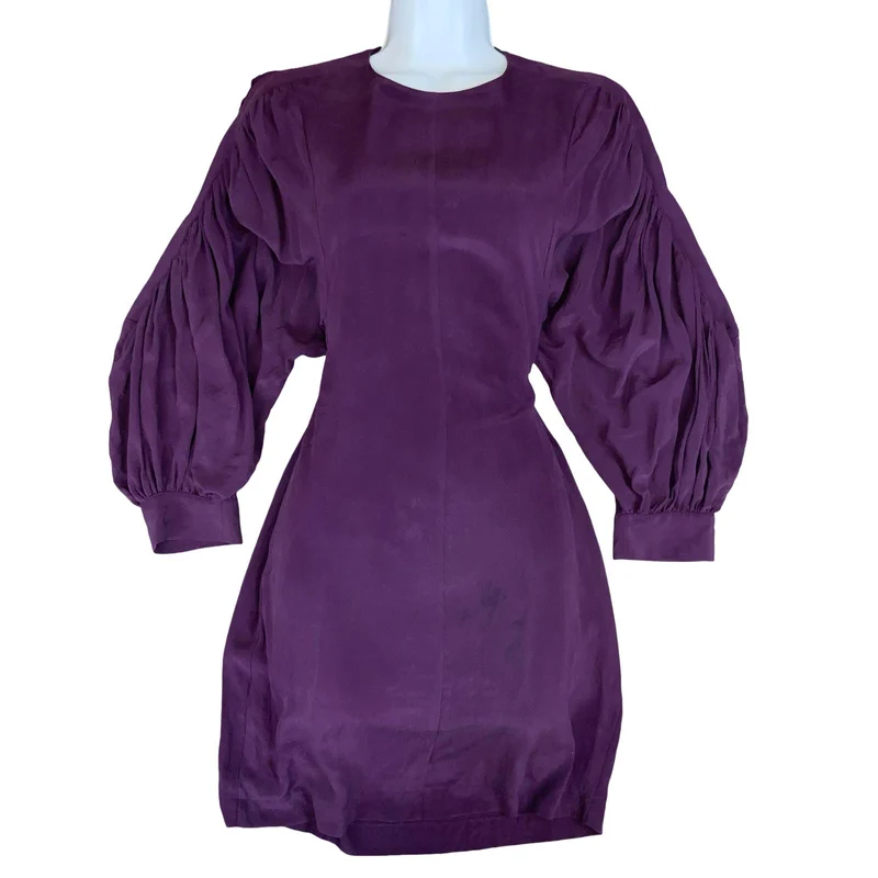 'SEE BY CHLOE' DEEP PURPLE PURE SILK PUFF SLEEVE MID-LENGTH EVENING DRESS S 10