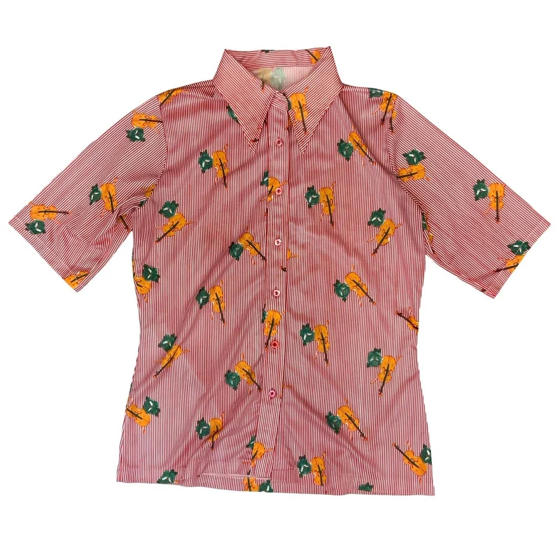 VTG 70S RED WHITE FLORAL STRIPE VIOLIN NOVELTY BUTTON DOWN SHIRT BLOUSE M 12 14