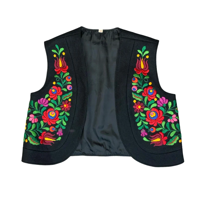 VTG HUNGARIAN EMBROIDERED FLORAL RED GREEN CROPPED WOOL WAISTCOAT S 8 10