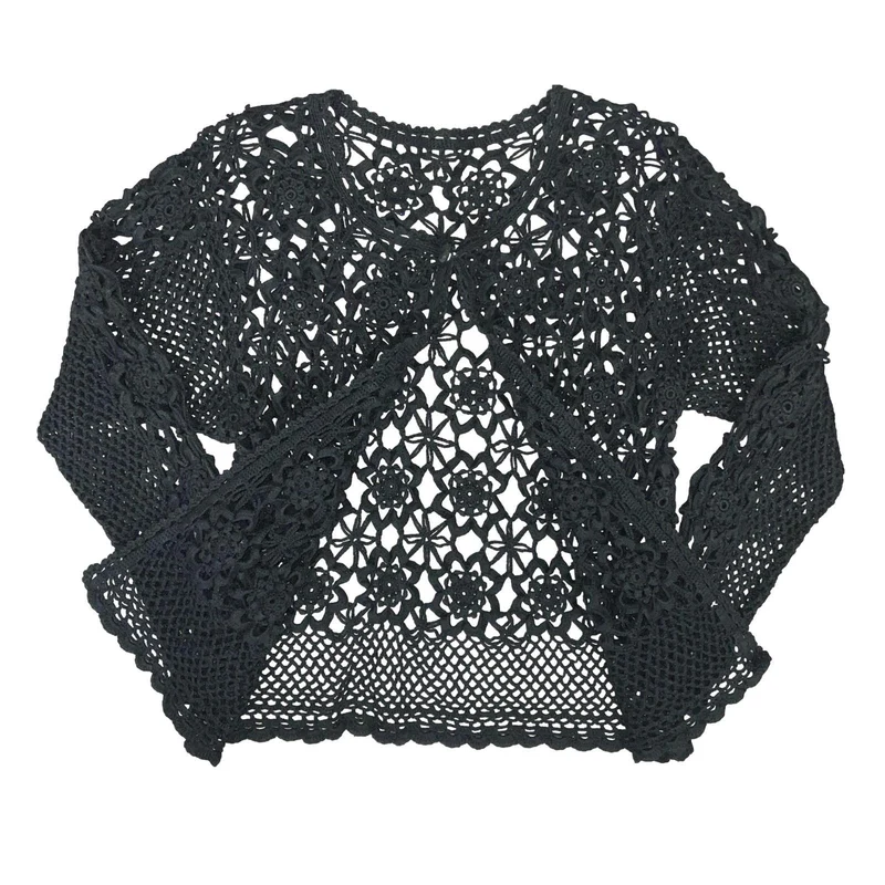 VTG BLACK CROCHET GOTHIC KNIT LACE CHAINMAIL FLORAL CUT-OUT NET CARDIGAN S 8 10