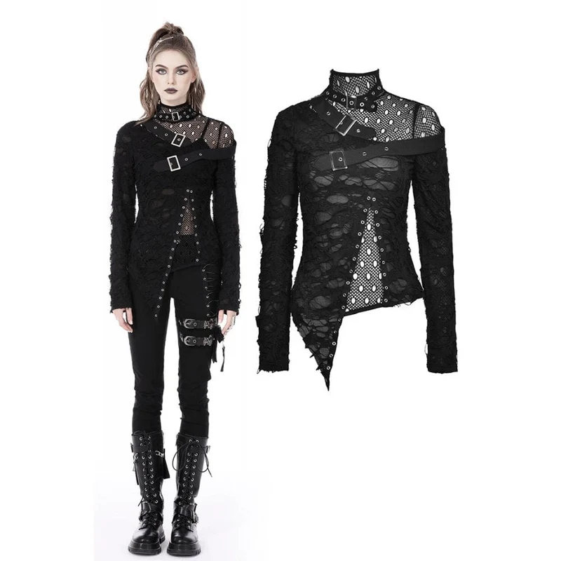 Punk Irregular Ripped Mesh Splice Shirt för kvinnor