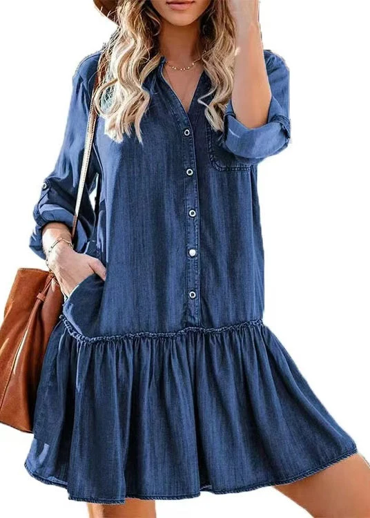 Dam Klänning Volang Ståkrage Denimstil