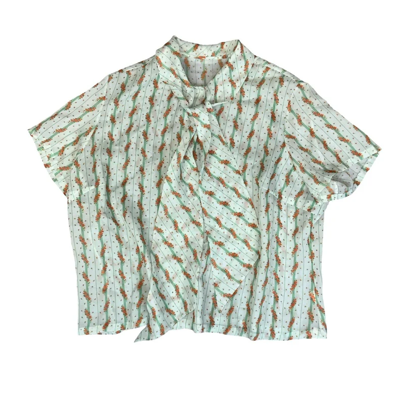 VTG 70S 'DANILLA' GREEN ORANGE STRIPE FLORAL BOW TIE SHORT SLEEVE BLOUSE 3XL 22