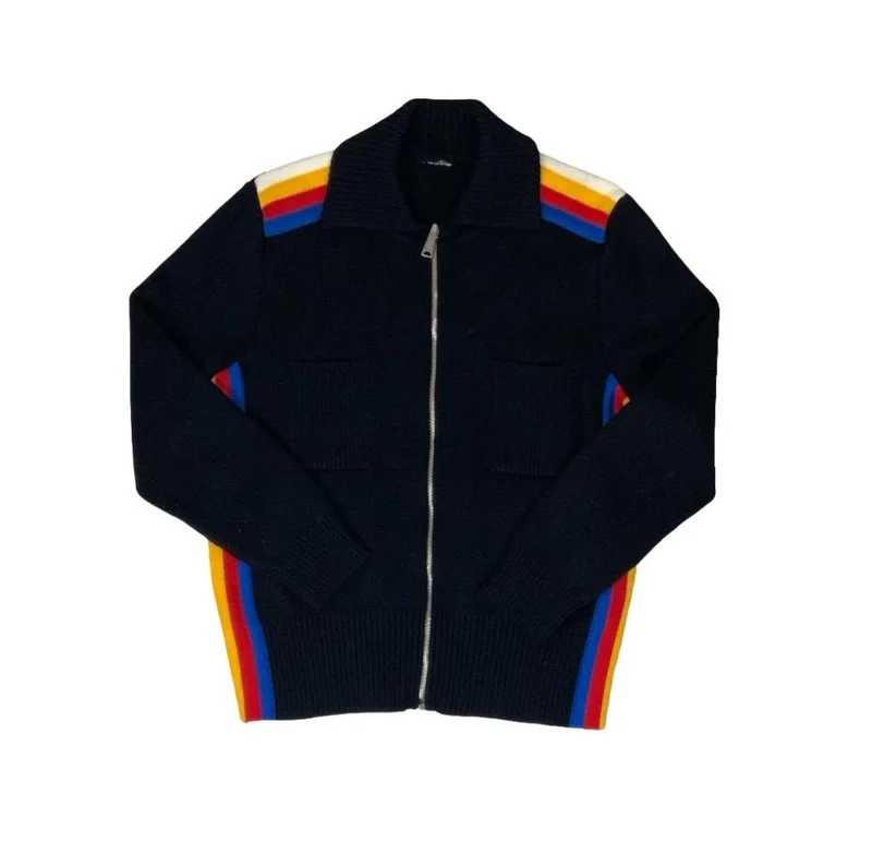 VTG 90s BLACK YELLOW RED BLUE WHITE STRIPED ZIP-UP CARDIGAN SMALL