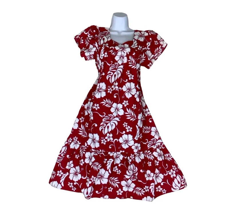 VTG 70s 80s 'ALOHA REPUBLIC' RED WHITE FLORAL HAWAIIAN BEACH SUMMER TENT DRESS S
