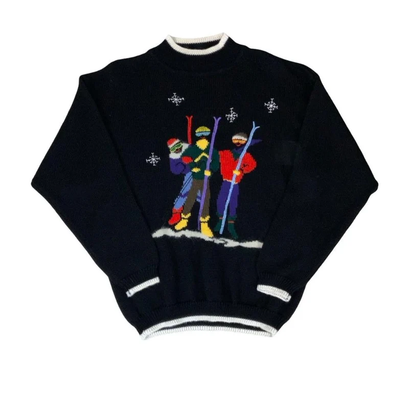VTG 90s DOES 80s RETRO BLACK SKI GRAPHIC EMBROIDERED PULL-OVER JUMPER MEDIUM