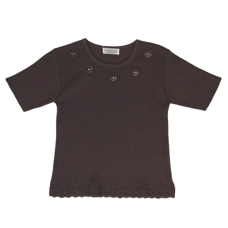 VTG 90s 'NAM NAM' BROWN SHORT SLEEVED KNITTED FLORAL DETAIL TOP XS 6