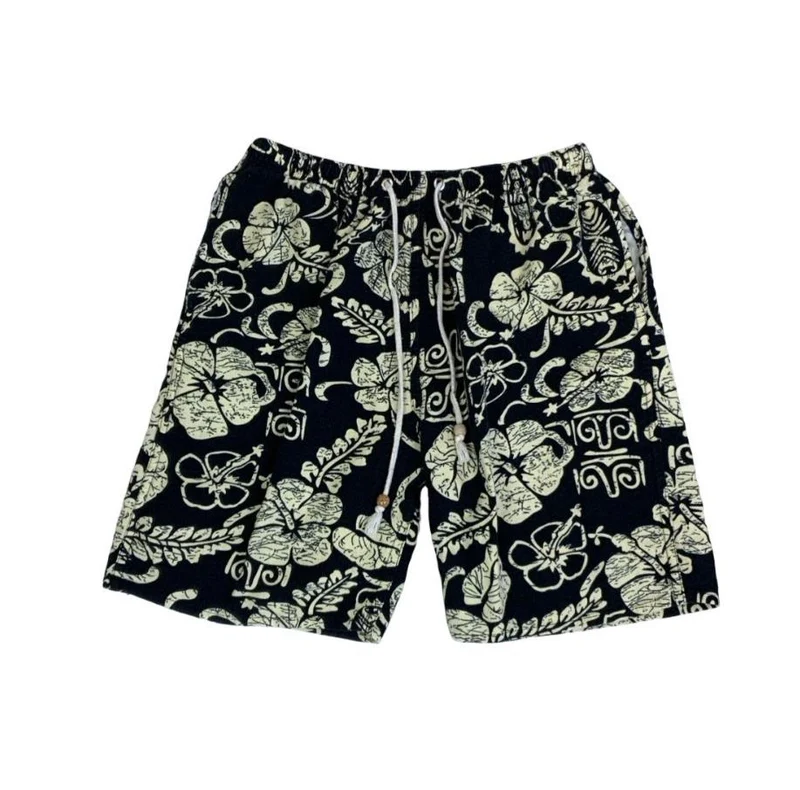 VTG BLACK WHITE FLORAL ELASTICATED HIGH-WAIST HAWAIIAN SHORTS SMALL