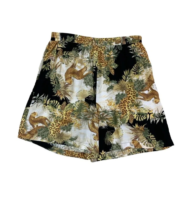 VTG y2k 90s BLACK GREEN BEIGE ANIMAL LEOPARD SAFARI PATTERNED SHORTS M L
