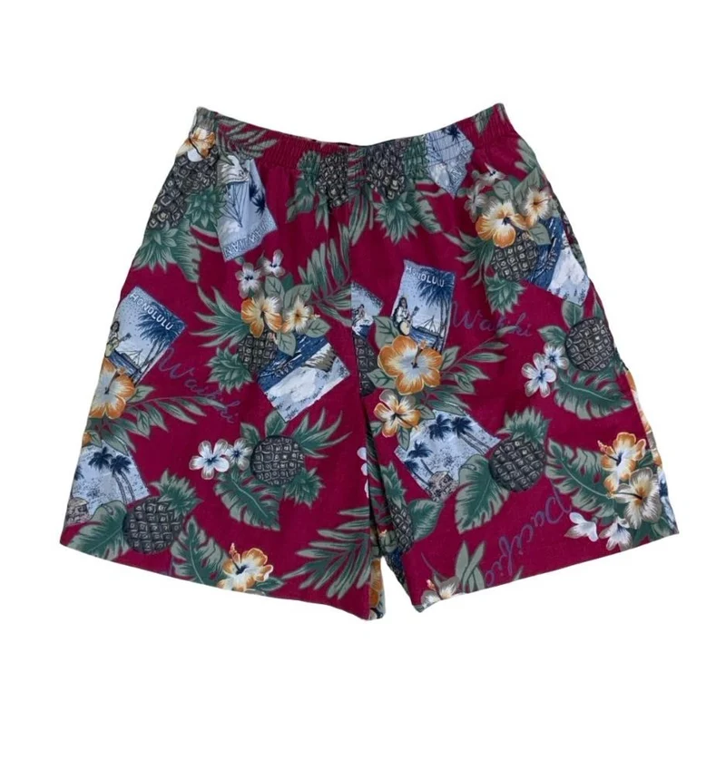 VTG 'HILO HATTIE' PINK GREEN BLUE FLORAL PINEAPPLE PATTERN HAWAIIAN SHORTS S M