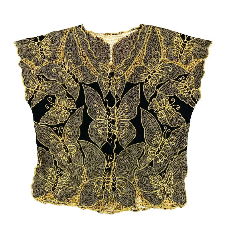 VTG LACE BUTTERFLY GOLD BLACK FESTIVAL PARTY BUTTON-UP CAP SLEEVE BLOUSE L 16