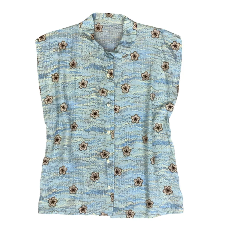 VTG 80s SLEEVELESS CAP SLEEVE BLUE FLORAL PATTERNED BUTTON-UP SUMMER BLOUSE M 14