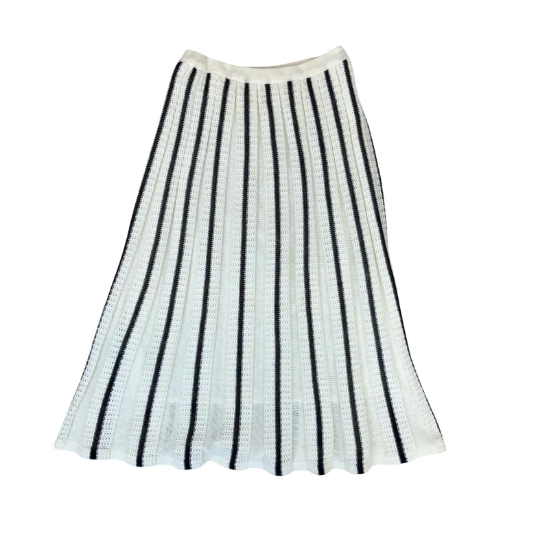 VTG WHITE BLACK STRIPED KNITTED ELASTICATED LINED MIDI PANEL SKIRT UK 12