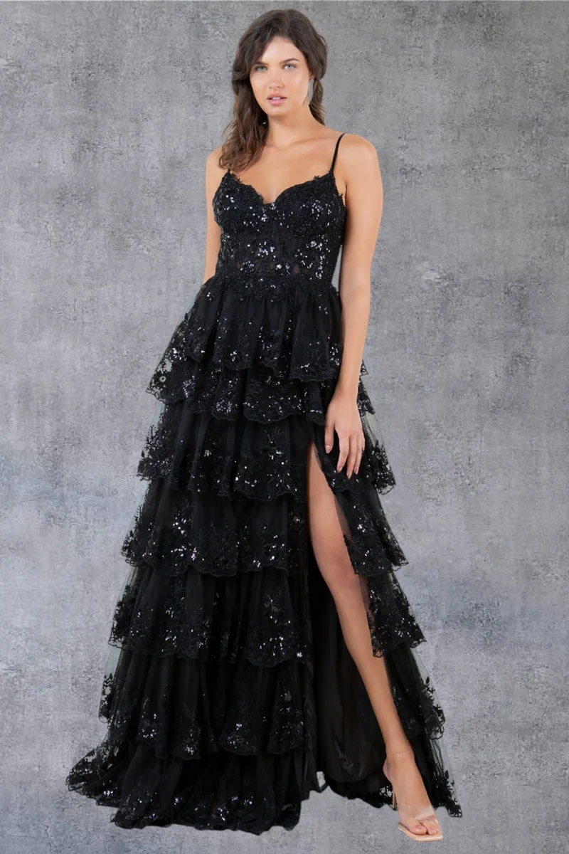 Paljettklänning med A-linjeform och Slits i Benet från Cinderella Couture USA AS8248J