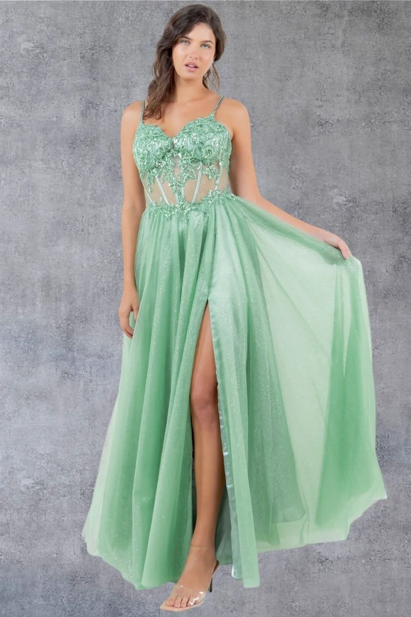 Glittrig V-ringad A-linjeformad festklänning från Cinderella Couture USA AS8238J