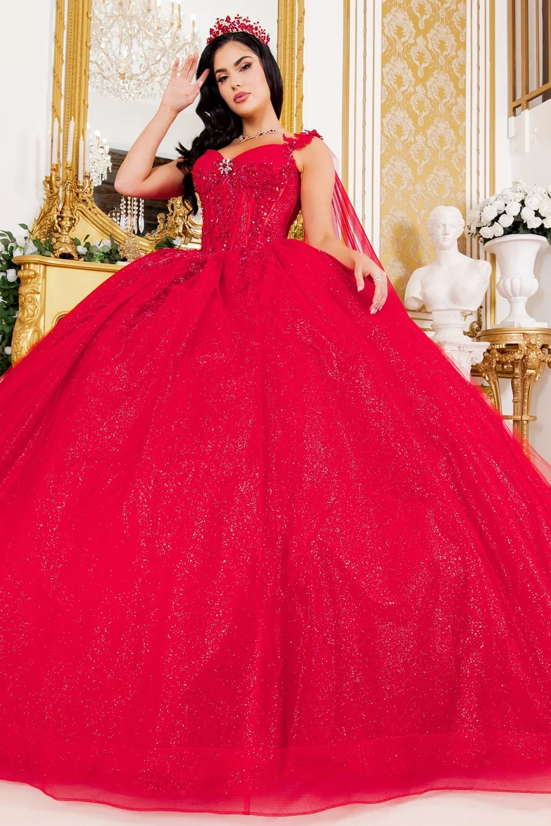 Broach Off Shoulder Cape Quinceanera Klänning från Cinderella Couture USA AS8270J