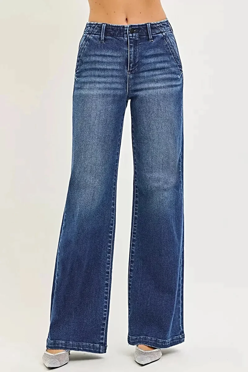 Snygga högmidjade jeans med sneda fickor - 92 % bomull, vida ben för sofistikerad stil