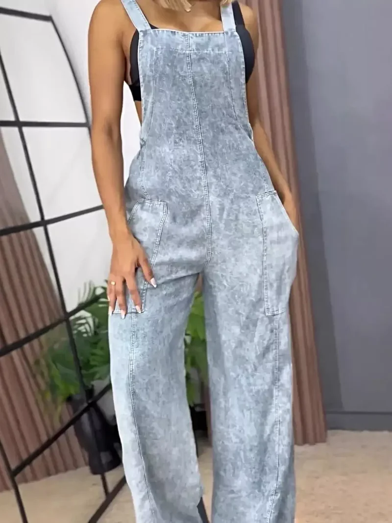 Plus Size Vintage Overall med Vida Ben - Full Size Denim med Fickor, Ej Stretchigt Tyg