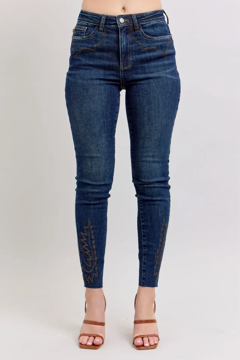 Judy Blå Full Size Broderade Höga Skinny Jeans Plus Size