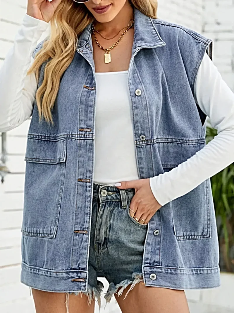 Trendsi Ärmlös Denimjacka med Fickor – Snygg och Mångsidig för en Avslappnad Elegant