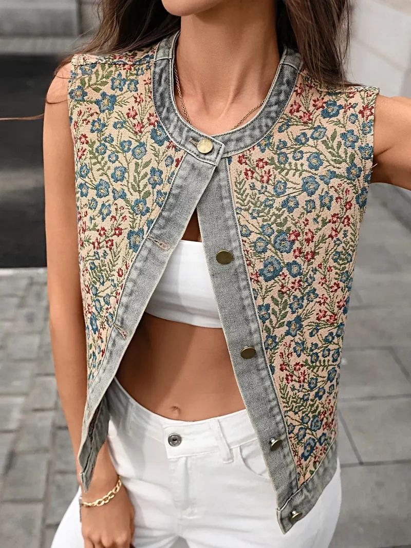 Elegant blommigt broderad väst - 95 % rayon denimtopp för snygga kvinnor