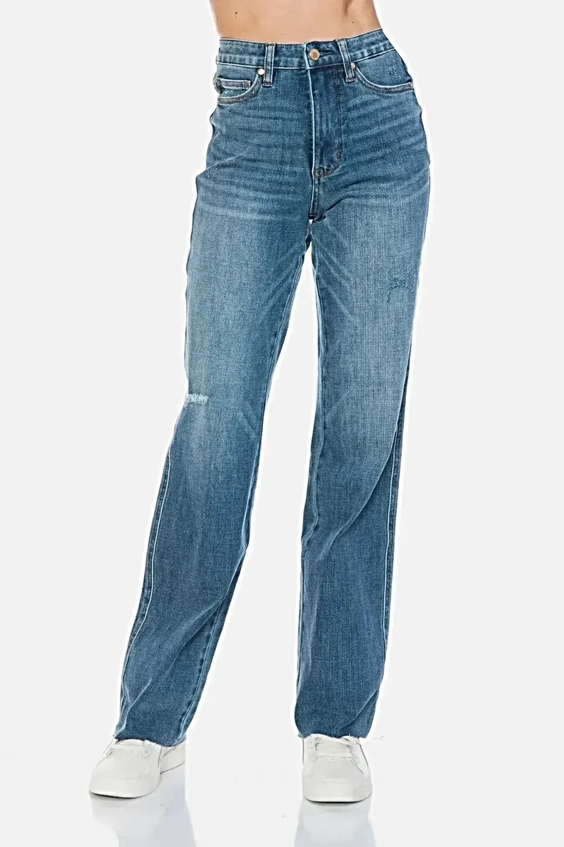 Judy Blue Tummy Control Jeans för kvinnor - Hög midja, rå fåll, rak passform, snygg komfort