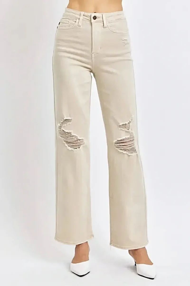 Judy Blå Högmidjade Vida Benjeans - Sliten Design för Elegant Stil och Komfort