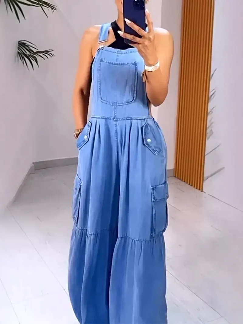 Plusstorlek vida benoveraller med fickor - Fullstorleks denim komfort och stil