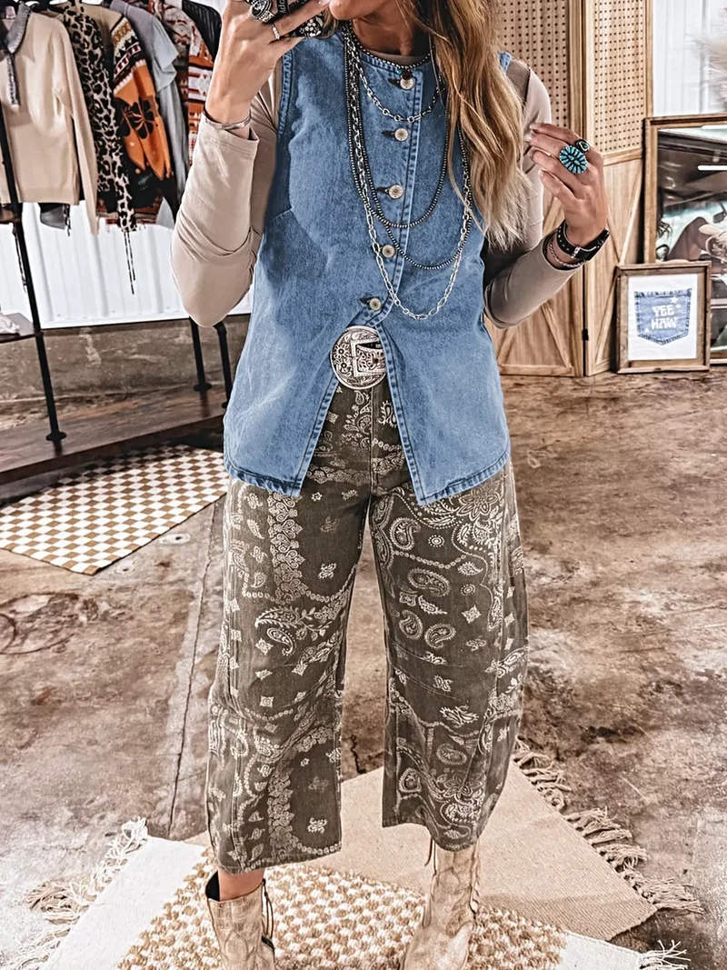 Trendsi Jeansväst med knappar - Knäppt framtill, Premium bomullsblandning, Elegant slitsmodell