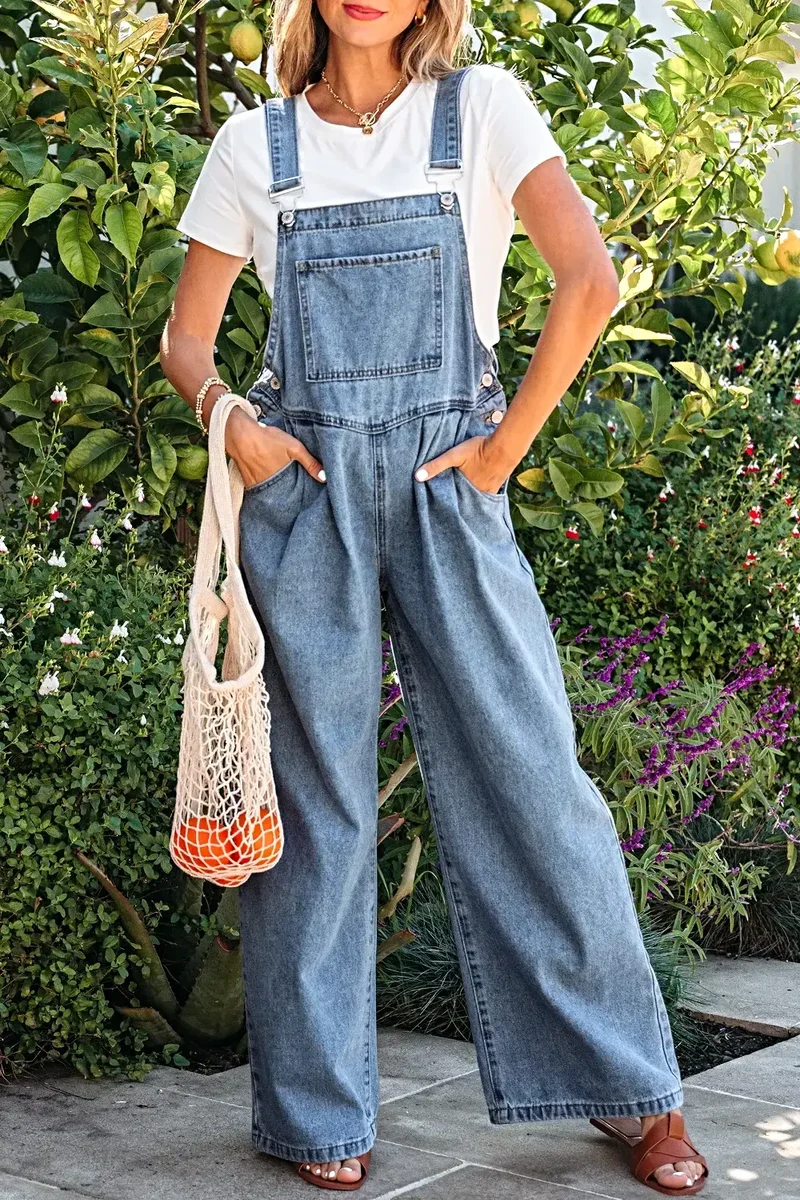 Elegant retro jumpsuit med fickor och veckade vida ben - Chic denimmode för kvinnor