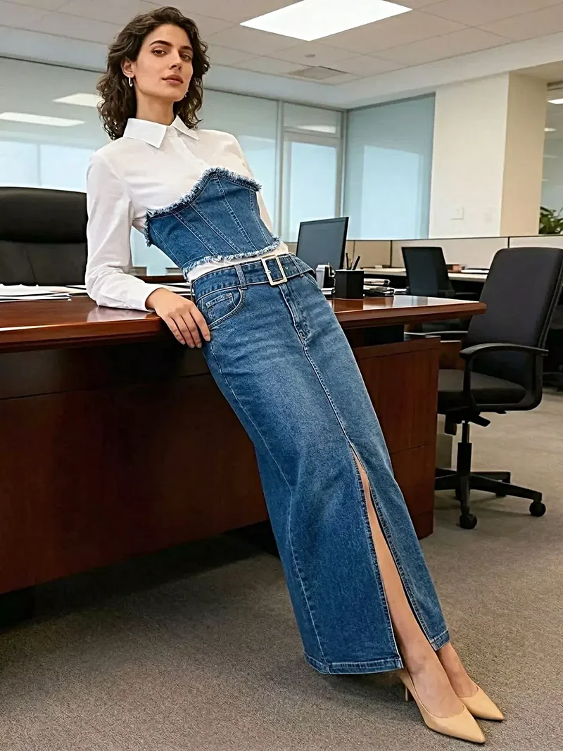 Trendsi Frayed Denim Patchwork Topp Med Slits Maxikjol - Tvådelad Denim Ensemble