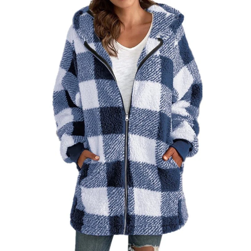 Arabella - Rutig Fleece Långärmad Kappa med Huva