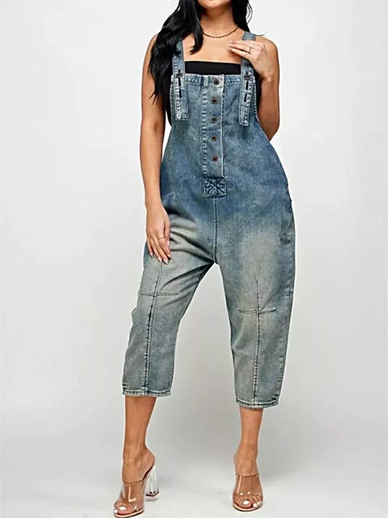 Elegant overall i full storlek med knappar framtill, plusstorlek med fickor - 80 % bomull, 20 % spandex