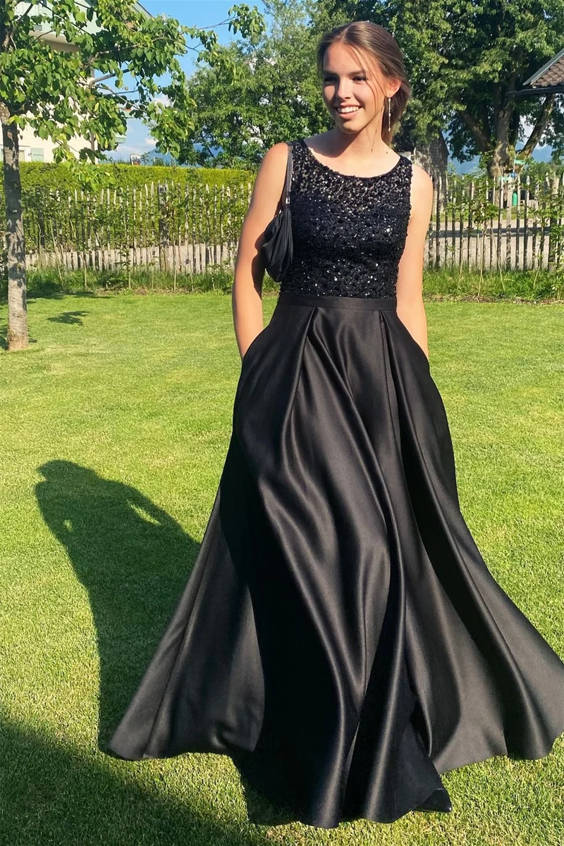 Elegant svart ärmlös juvel- och sjöjungfruklänning med paljetter för speciella tillfällen