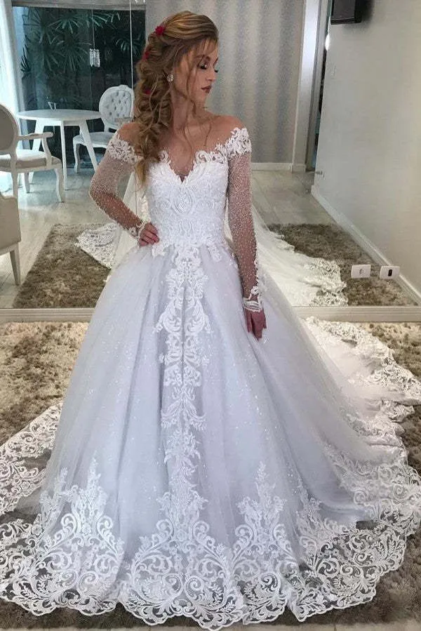 Vintage A-linjeformad Hjärtformad Off-Shoulder Långärmad Bröllopsklänning med Spets och Paljetter