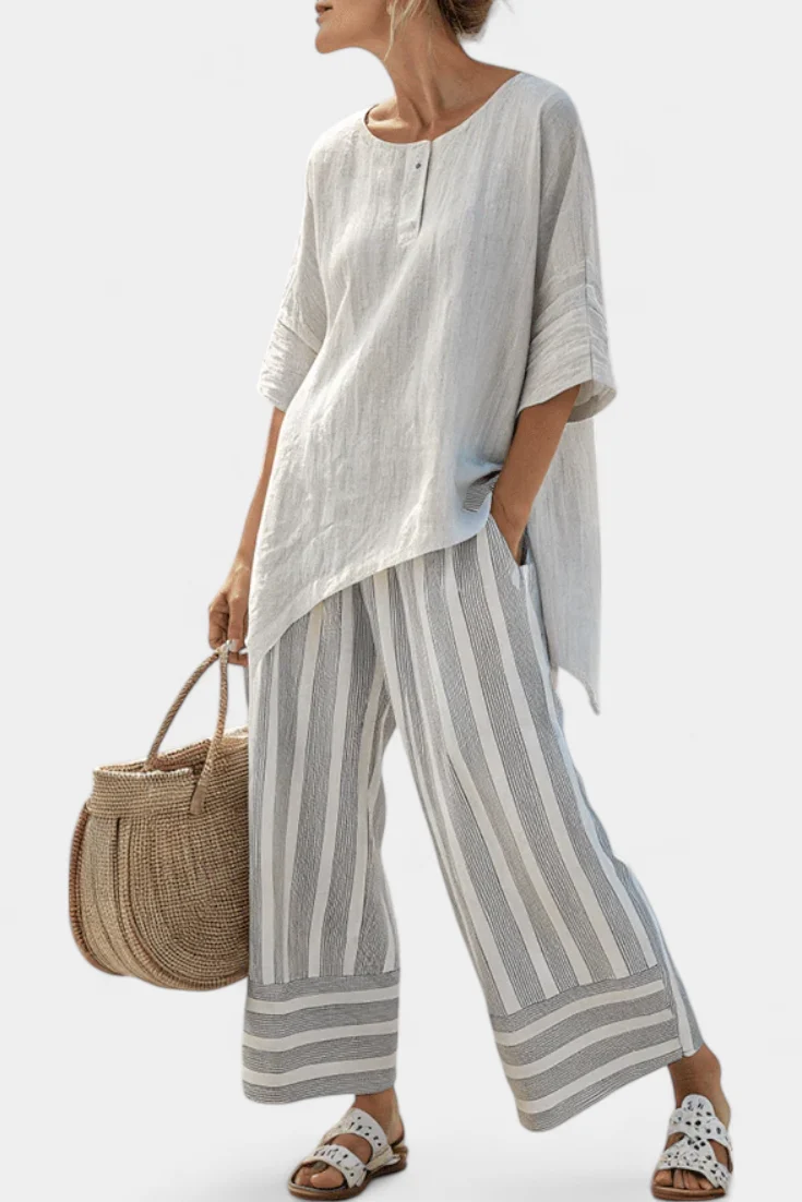 Talvora | Elegant Asymmetrisk Blus & Randiga Byxor