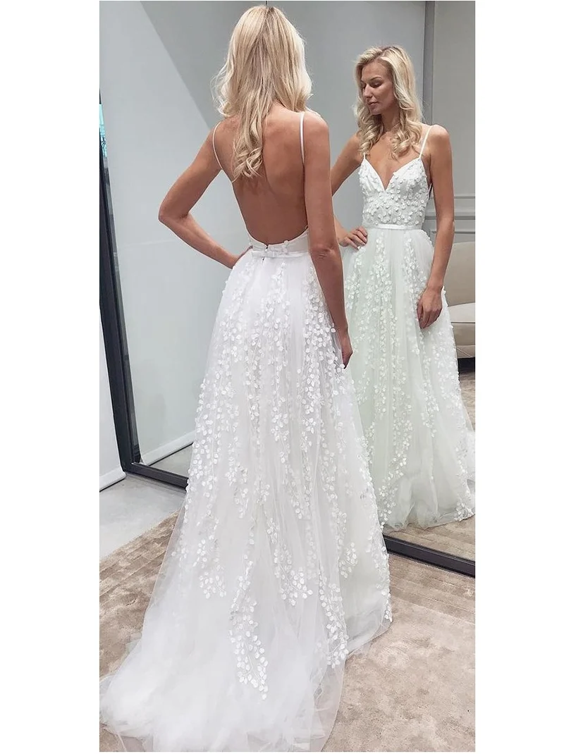 Enkel Rustik 3D-blommor A-linje Tyll Backless Bröllopsklänning