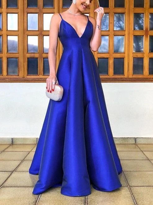 Snygg enkel Royal Blue Satin Balklänning | Tillfällighetsklänning