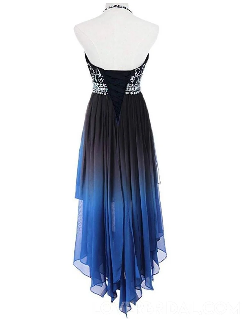 Ombre Chiffon Hi-Lo Hemkomstklänning Halter Sparkly Dansklänning