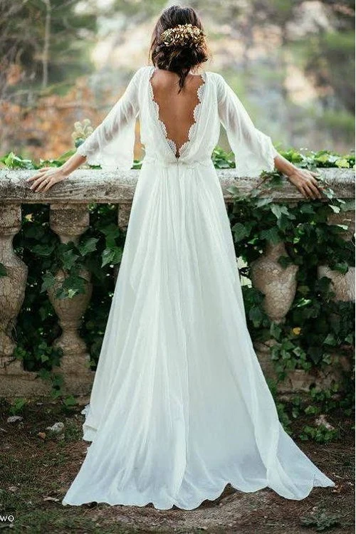 Summer Flowy Boho A-linje V-rygg Chiffong Långärmad Bröllopsklänning med ärmar