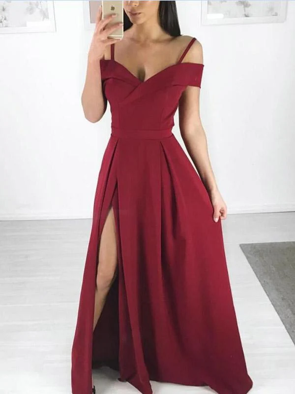 Populär Burgundy Slit Off Shoulder Fest Formell Balklänning