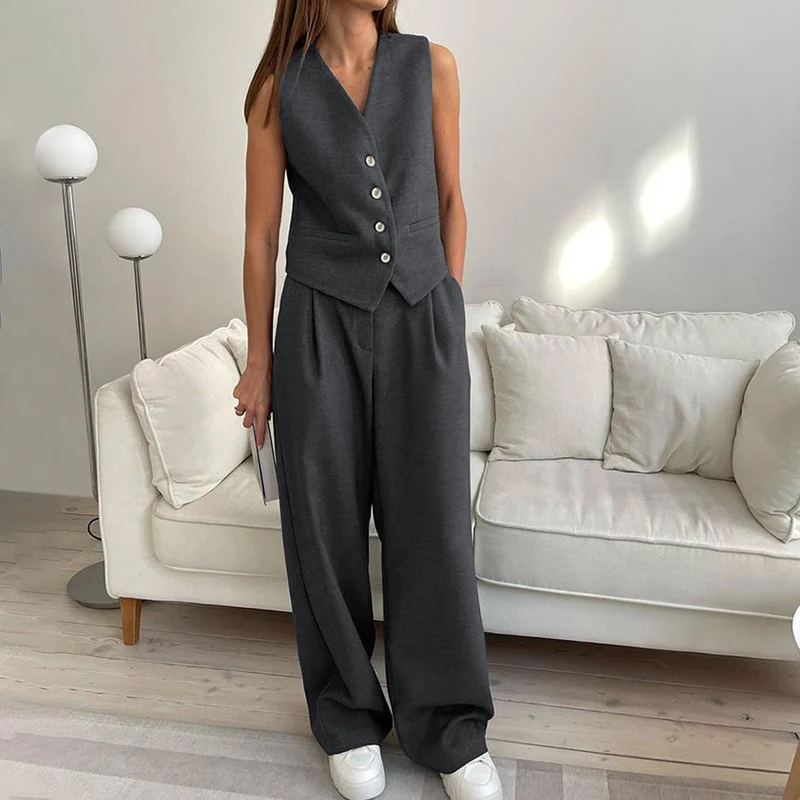 Elegant Tvådelat Set Dam med Vida Ben och Knappdetaljer | Mångsidig Outfit för Alla Tillfällen