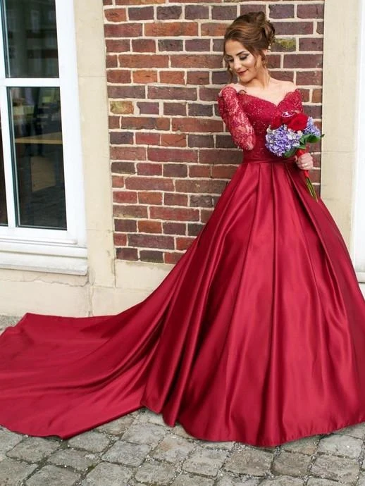 Röd Off the Shoulder Spets Top Balklänning Bröllopsklänning med långa ärmar
