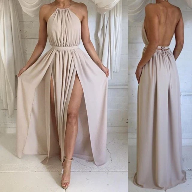 Beige rygglös chiffong sommarfest balklänning
