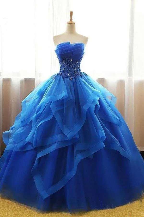 Mexikansk Organza Axelbandslös Royal Blue Balklänning Balklänning Quinceanera Klänning