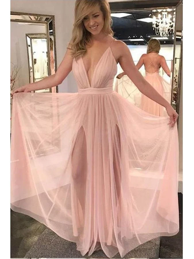 Blush Pink Flowy Side Slits Plunge V-hals Sexig Party Balklänning